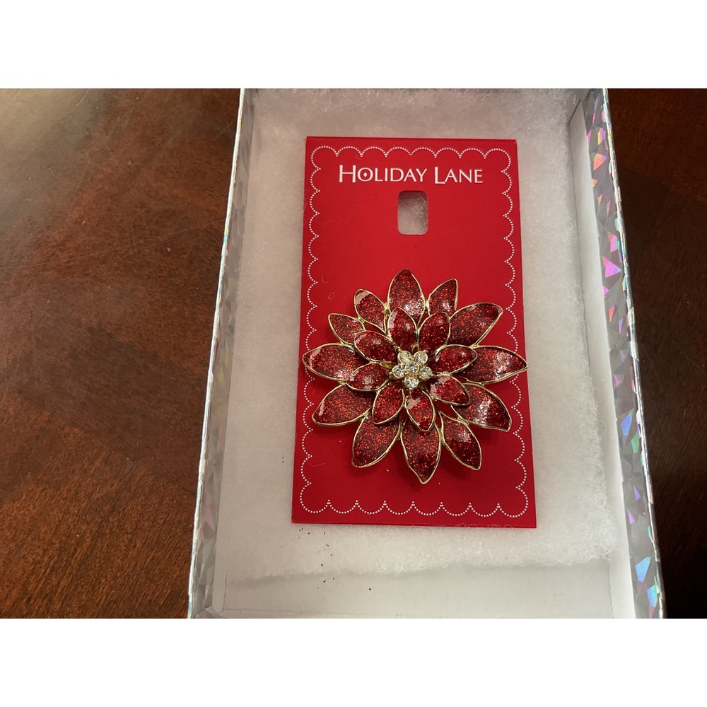 Holiday Lane Macy's Red Glitter Poinsettia Pin Brooch Gold Tone Rhinestone 2"X2"
